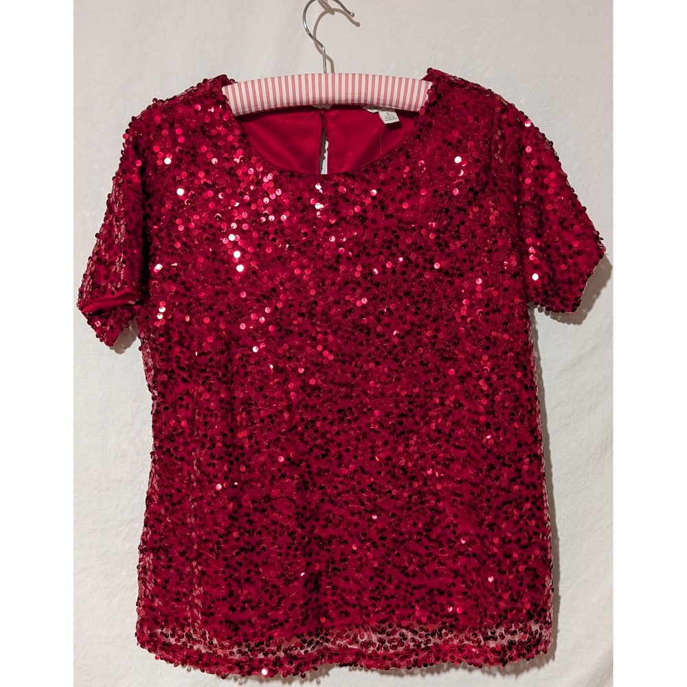Cato Red Sequin Short Sleeve Top Womens Small Party Holiday Sparkle Blouse